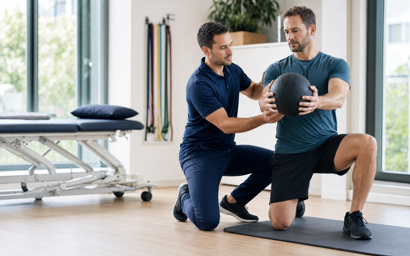 Kinésithérapeute accompagnant un patient pendant un exercice de rééducation fonctionnelle